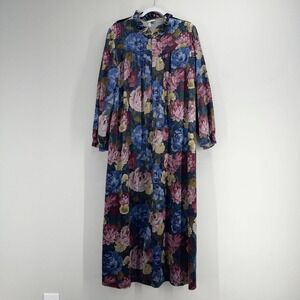 VTG Adonna‎ Velvet Floral House Dress Robe Muumuu Blue Pink Gold Floral Half Zip
